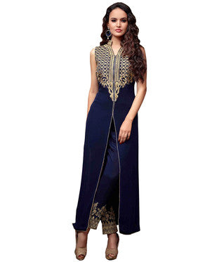 Blue Embroidered Georgette Churidar Salwar Suit